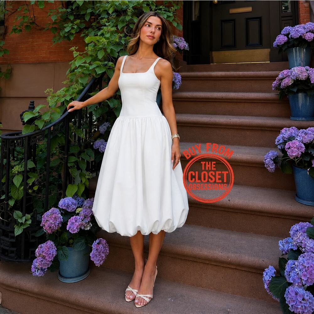 ZARA White Balloon Midi Dress NWT Knit Bodice Cotton Poplin Skirt M - Picture 4 of 16